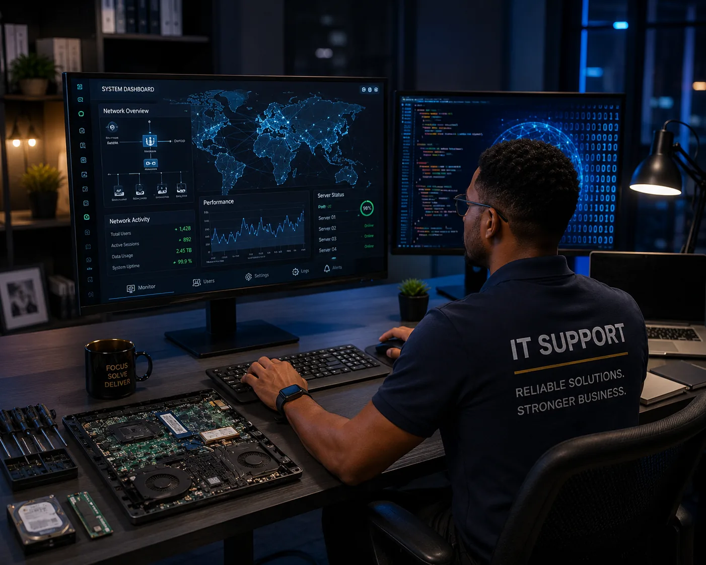IT support technician repairing laptop hardware while monitoring network security dashboards.