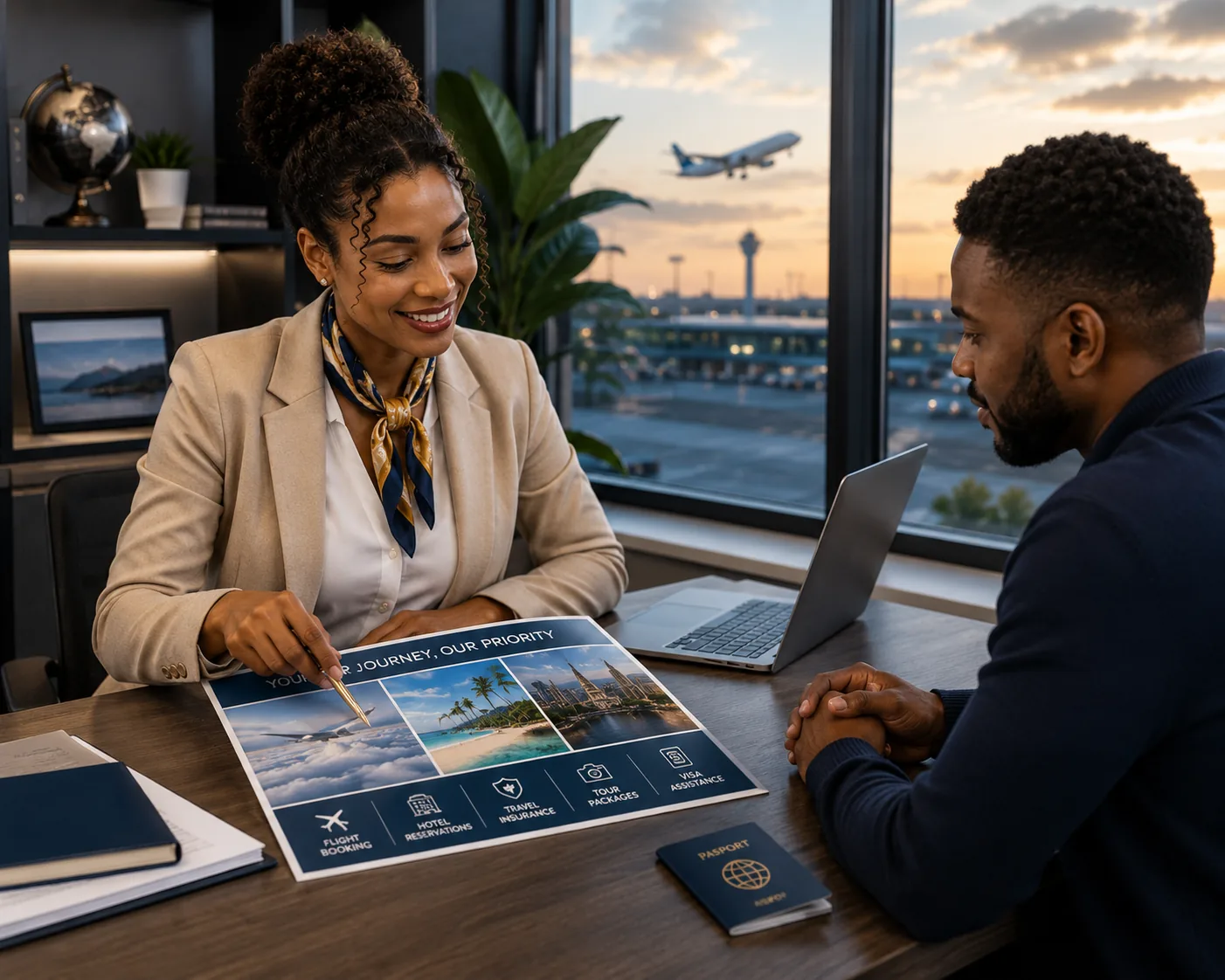 Travel consultant reviewing flight, hotel, and travel planning options with a client.