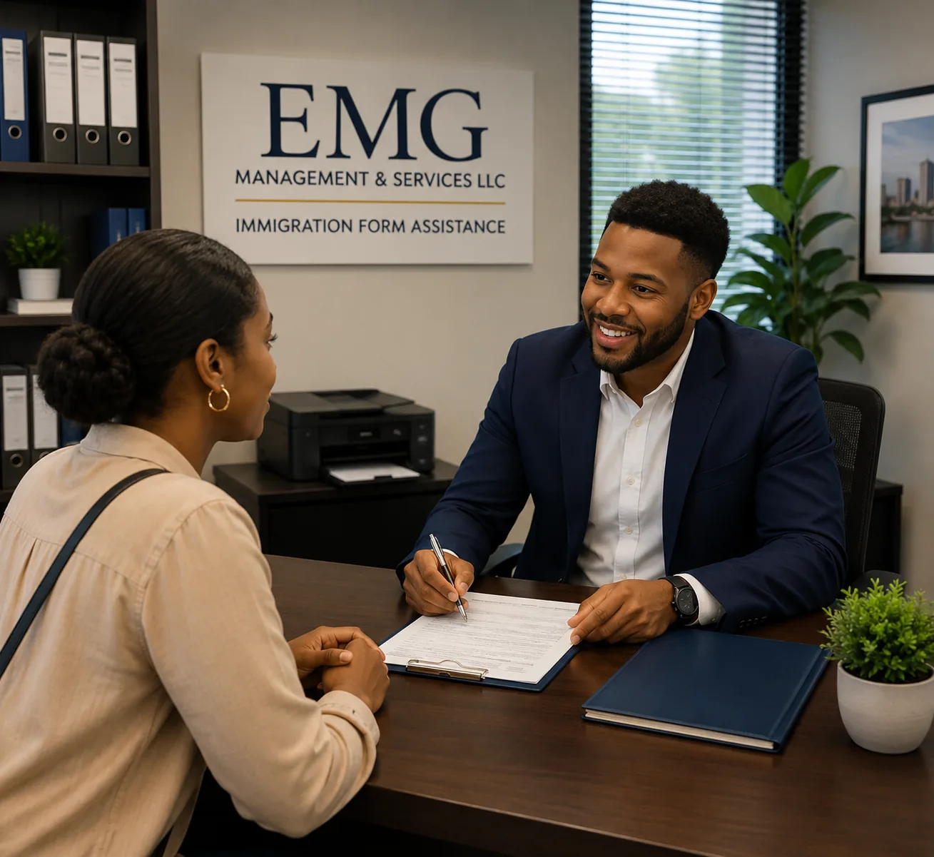 Immigration form assistant reviewing and signing documents with a client in an EMG office.